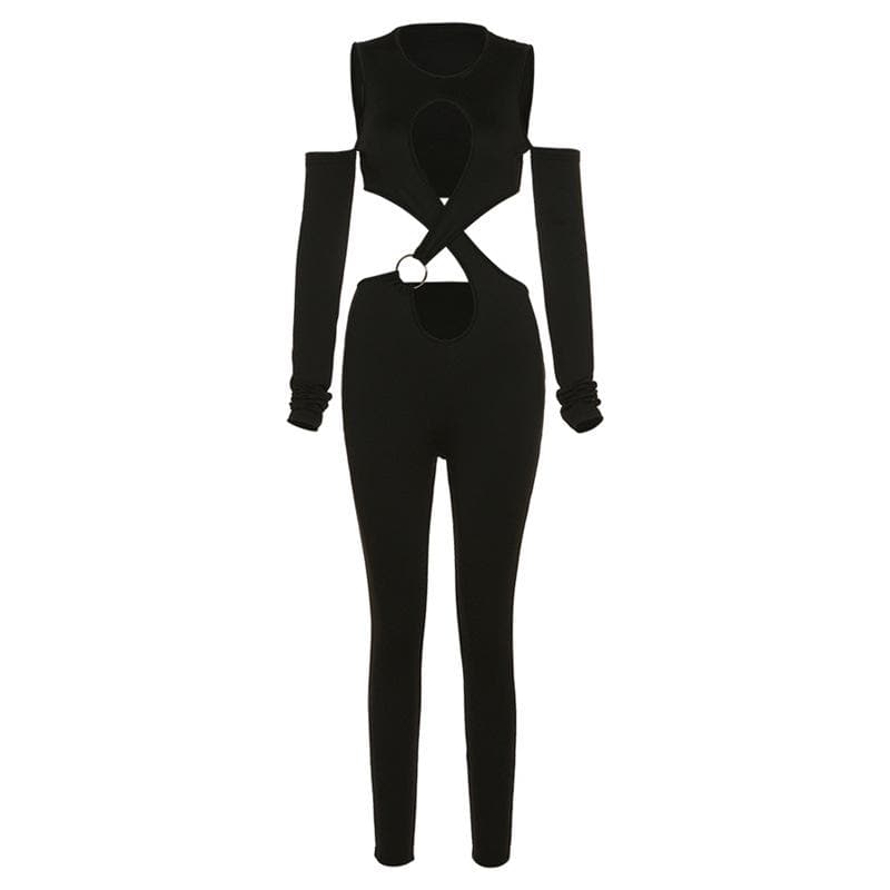 Einfarbiger Jumpsuit mit überkreuzten Ärmeln und ausgehöhlten Schultern und O-Ring 