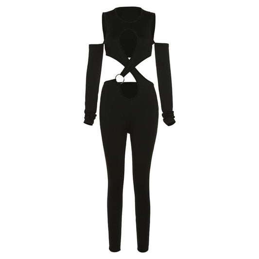 Einfarbiger Jumpsuit mit überkreuzten Ärmeln und ausgehöhlten Schultern und O-Ring 