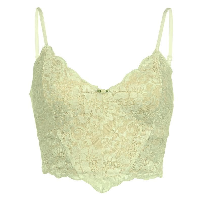 Top corto in pizzo con scollo a V e schiena scoperta, applicazioni floreali a contrasto