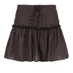 Ruffle lace up ruched self tie solid A line mini skirt