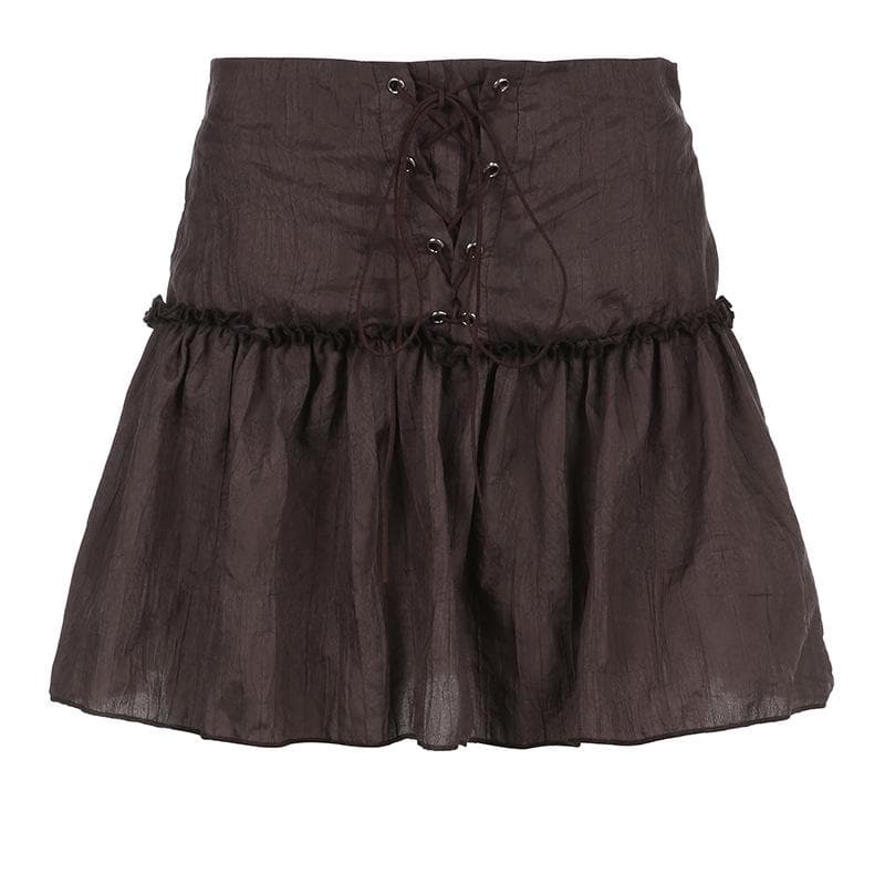 Ruffle lace up ruched self tie solid A line mini skirt