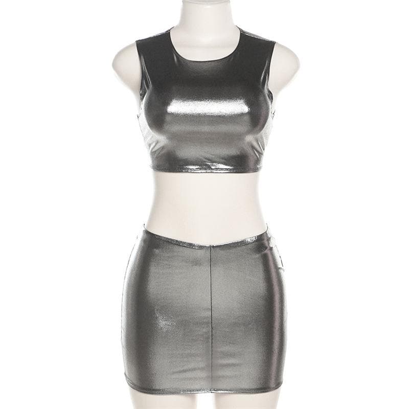 Metallic sleeveless round neck mini skirt set