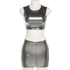 Metallic sleeveless round neck mini skirt set