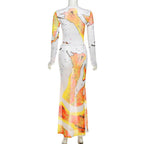 Completo gonna lunga a maniche lunghe con stampa a contrasto e rete trasparente