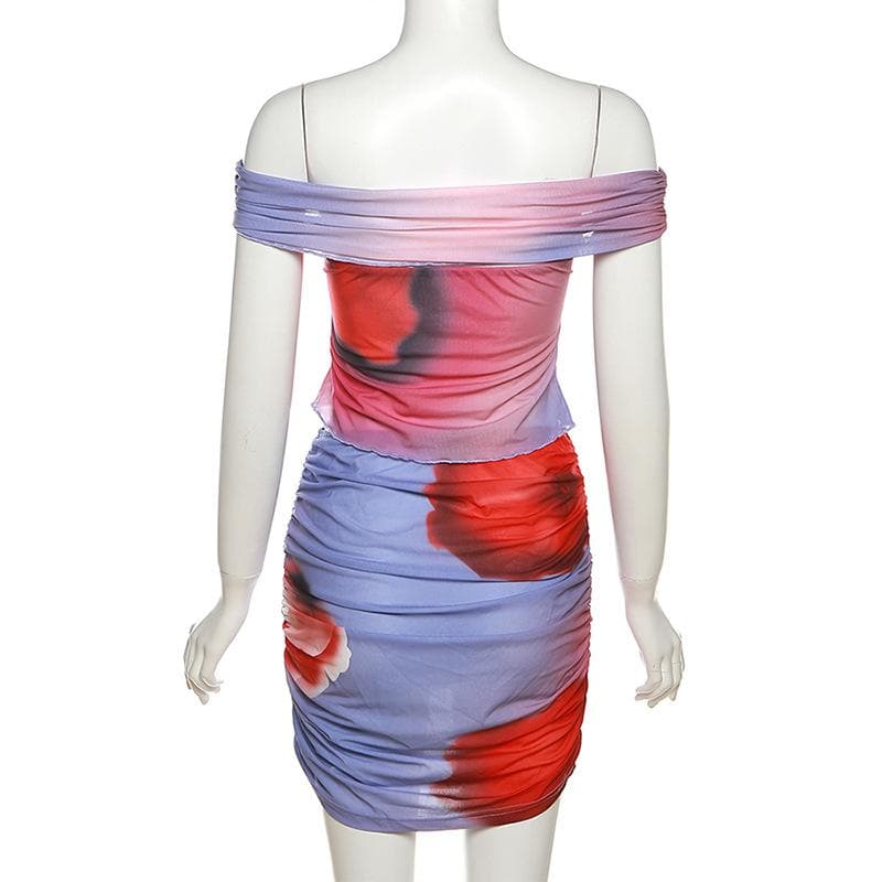 Off shoulder ruched contrast print backless mini skirt set