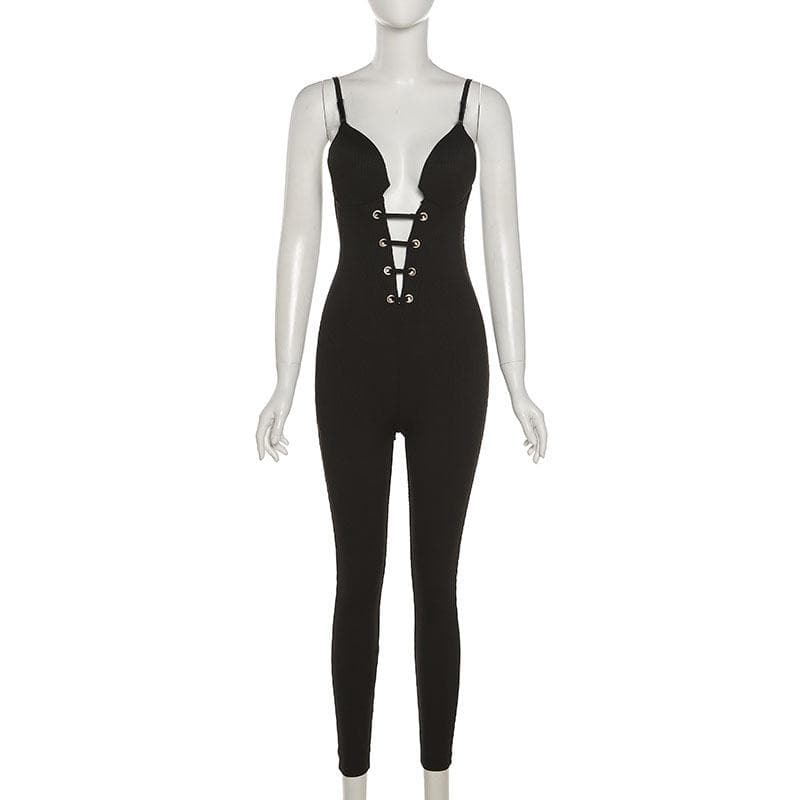 Gerippter, rückenfreier, einfarbiger Camisole-Jumpsuit mit V-Ausschnitt 