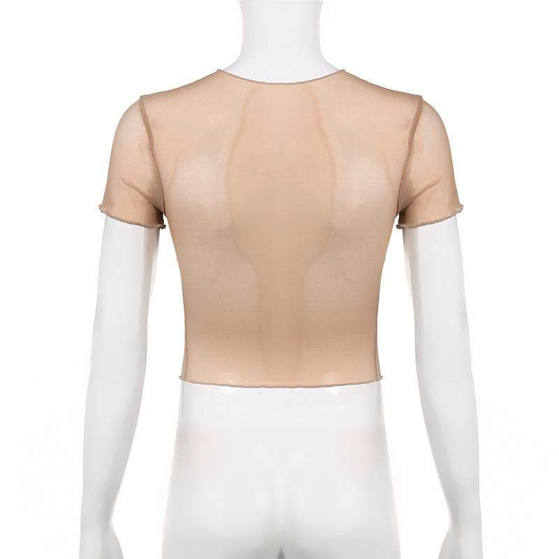 Butterfly pattern sheer mesh see through short sleeve crop top
