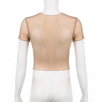 Butterfly pattern sheer mesh see through short sleeve crop top