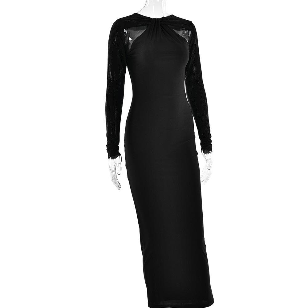 Long sleeve beaded zip-up hollow out patchwork maxi dress