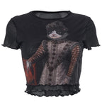 Mesh cat pattern short sleeve ruffle contrast crop top