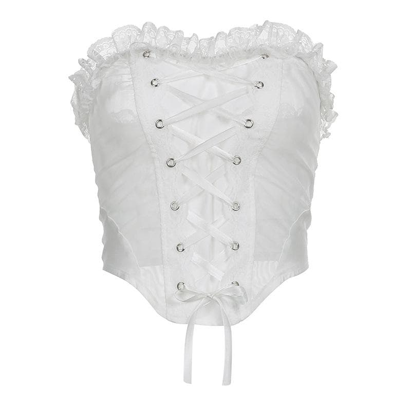 Lace hem solid self tie backless lace up tube crop top