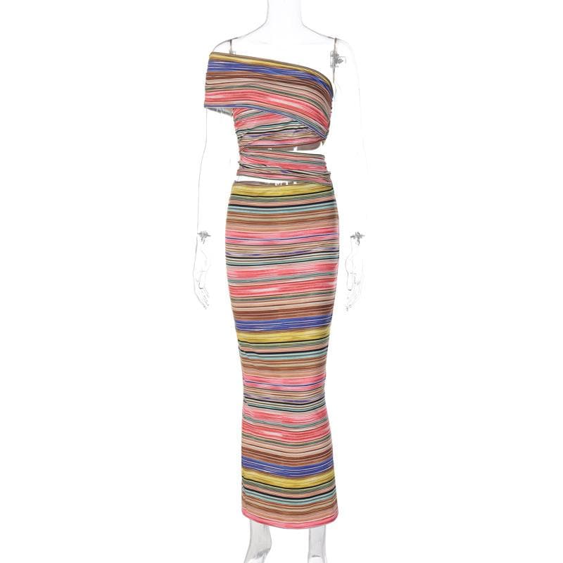 One shoulder contrast striped hollow out slit maxi dress