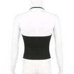Metal chain halter ruched solid backless top