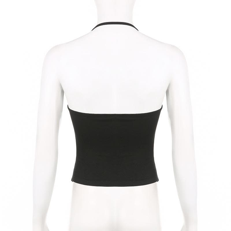 Metal chain halter ruched solid backless top