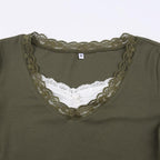 Long sleeve patchwork ribbed lace hem top - Final Sale