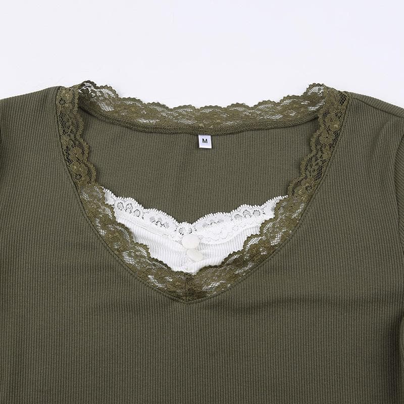 Long sleeve patchwork ribbed lace hem top - Final Sale