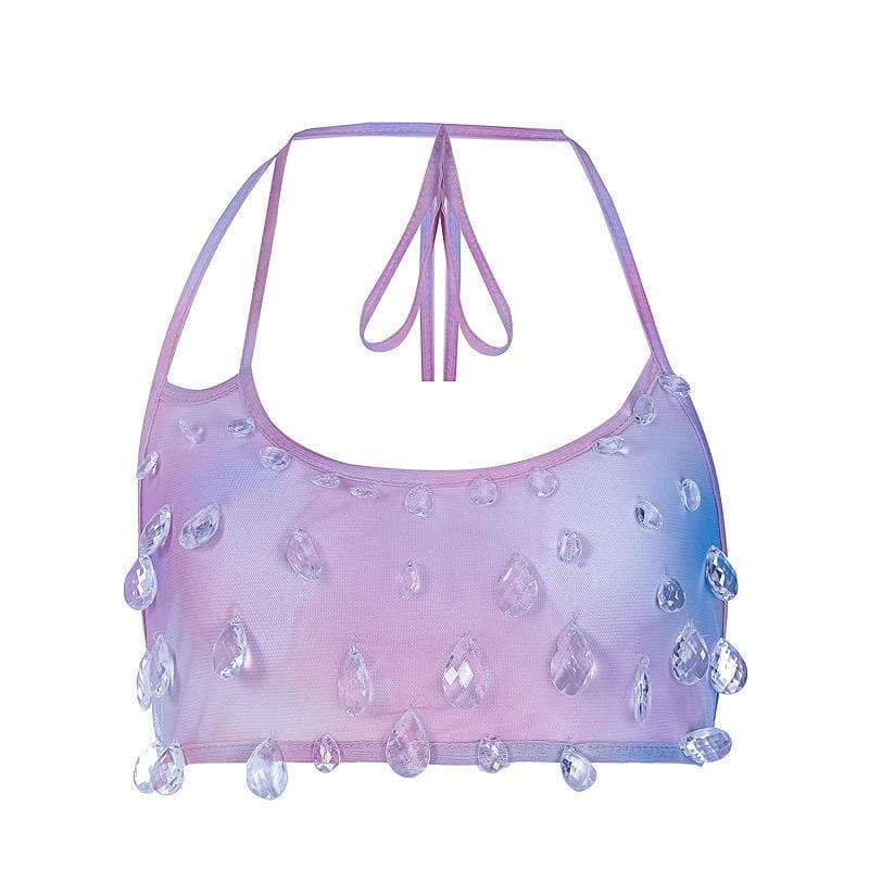 Rückenfreies Neckholder-Crop-Top zum Selbstbinden mit transparentem Netzstoff und Batikmuster und Steinanhänger 