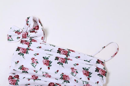 Flower print irregular contrast bowknot ruched zip-up top