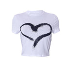 Heart pattern contrast short sleeve crewneck crop top