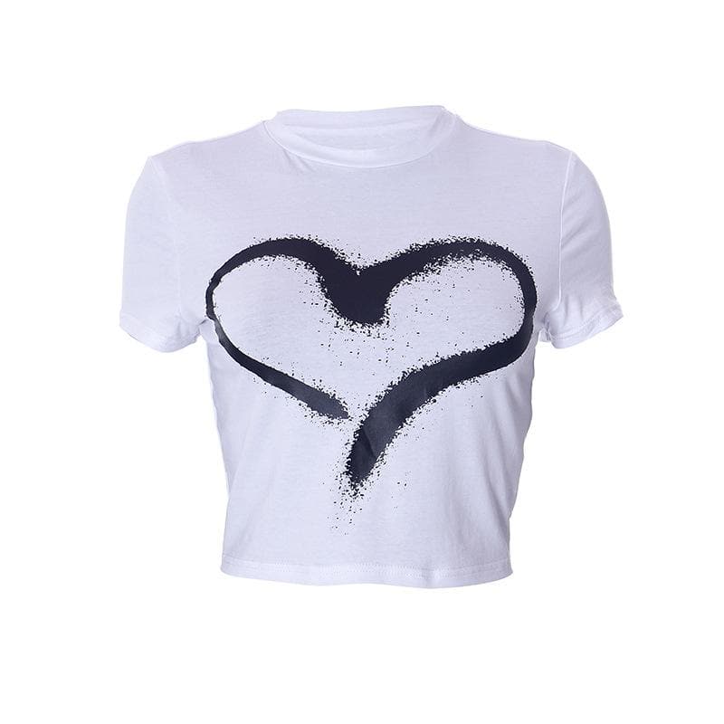 Heart pattern contrast short sleeve crewneck crop top