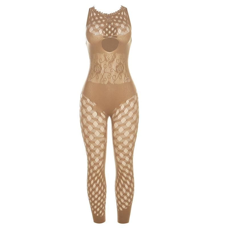 Ärmelloser, ausgehöhlter, durchsichtiger Jumpsuit aus Fischnetz 