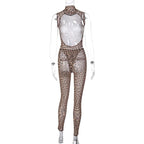 Durchsichtiges Bodysuit-Hosenset aus transparentem Netzstoff mit hohem Halsausschnitt und ärmellosem Sternmuster 