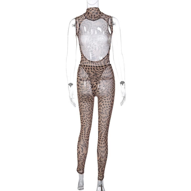 Durchsichtiges Bodysuit-Hosenset aus transparentem Netzstoff mit hohem Halsausschnitt und ärmellosem Sternmuster 