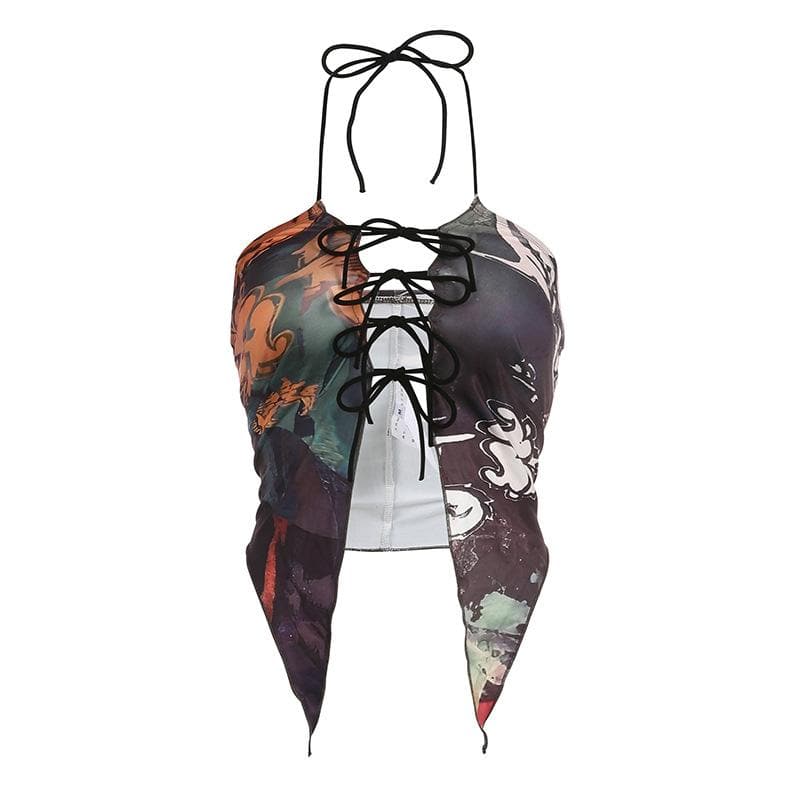 Halter self tie backless abstract contrast crop top