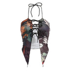 Halter self tie backless abstract contrast crop top