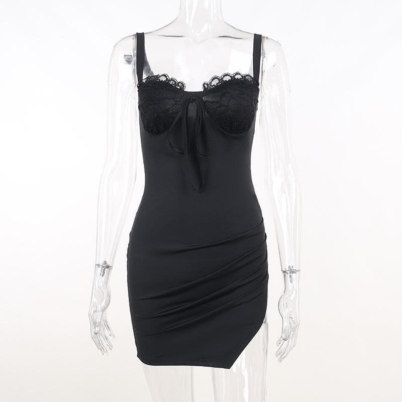 Gerafftes, einfarbiges, ärmelloses, rückenfreies Minikleid aus Spitze mit Schlitz zum Selbstbinden