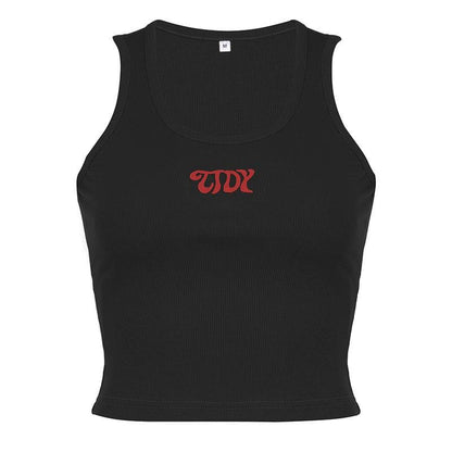 Ärmelloses, geripptes Crop-Top mit Stickerei und U-Ausschnitt 