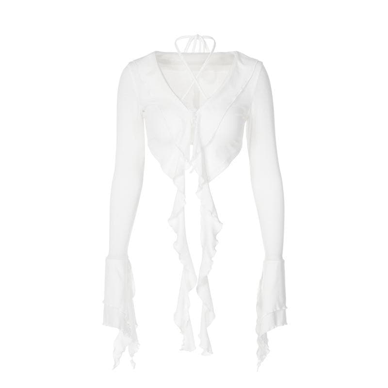 Halter self tie v neck flared sleeve button ruffle crop top