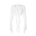 Halter self tie v neck flared sleeve button ruffle crop top