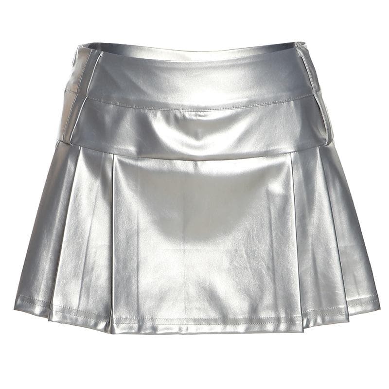 Zip-up metallic pleated medium rise solid mini skirt