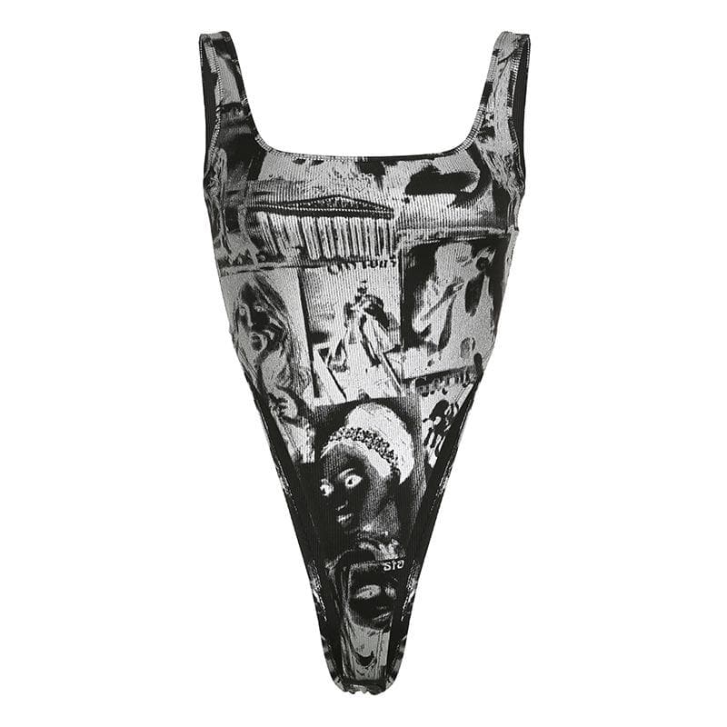 Square neck sleeveless hollow out abstract buckle bodysuit
