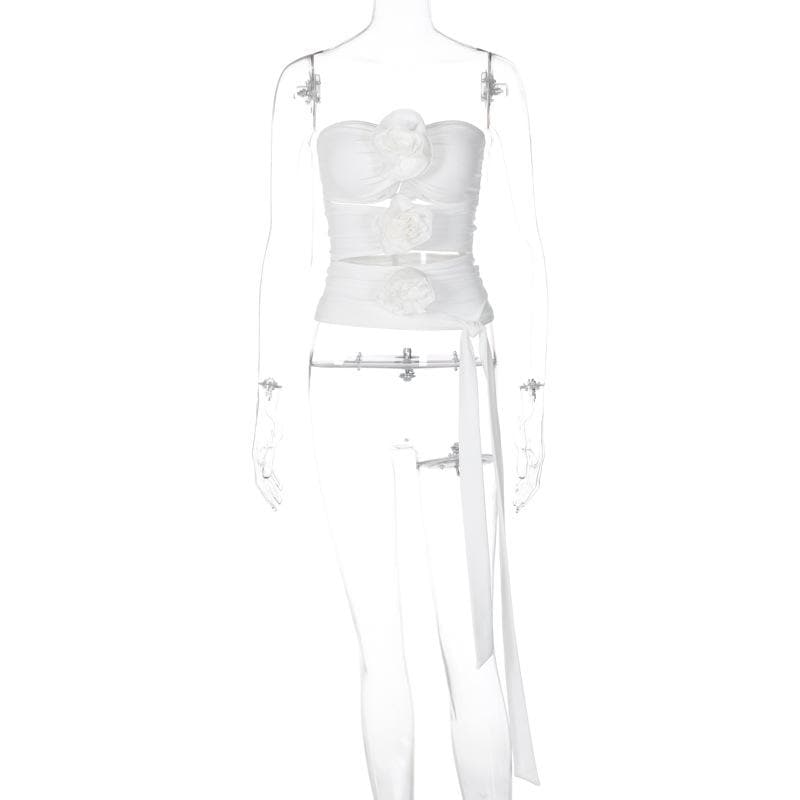 Hollow out solid flower applique ruched backless top