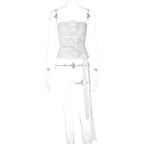 Hollow out solid flower applique ruched backless top