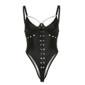Metal chain lace up mesh low cut backless bodysuit