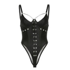 Metal chain lace up mesh low cut backless bodysuit