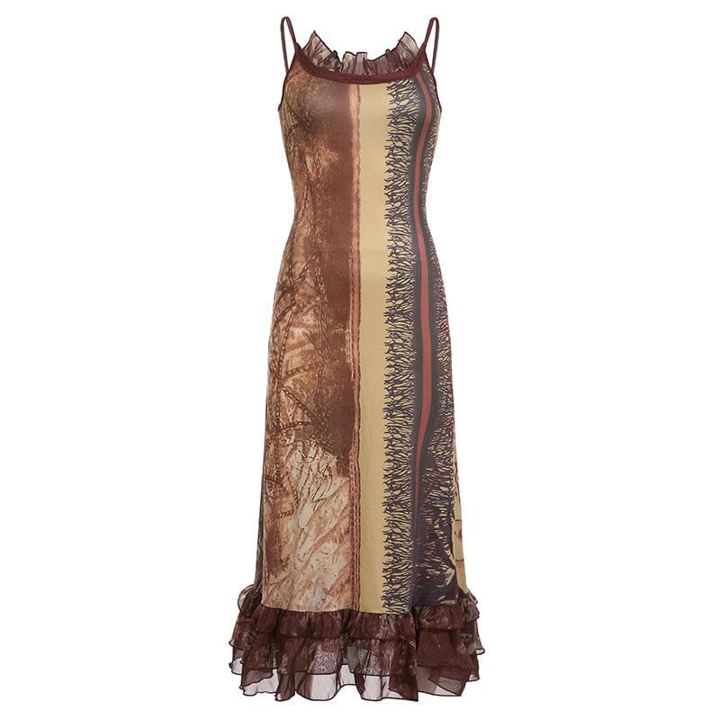 Abstract Ruffle Contrast Ruched Cami Maxi Dress