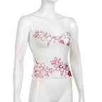 Sheer mesh see through flower print sleeveless lace hem crop top