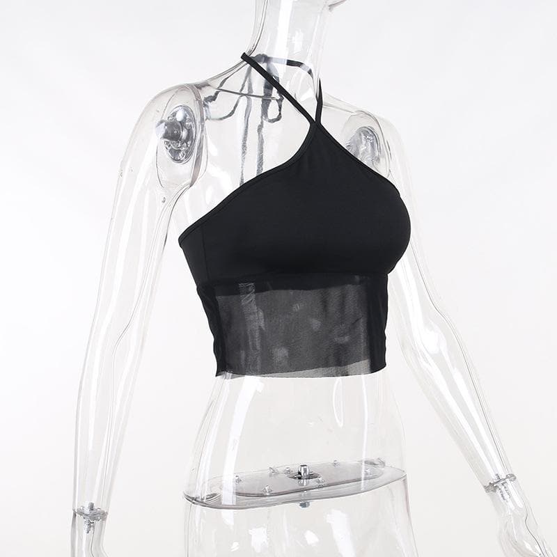 Solid halter mesh patchwork self tie backless crop top