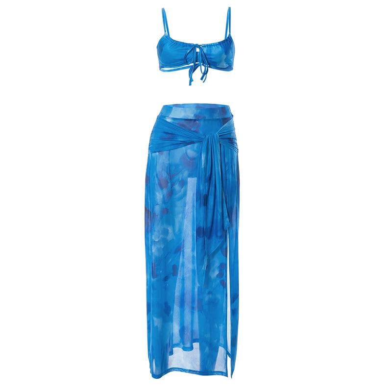 Backless mesh slit self tie tie dye maxi skirt set
