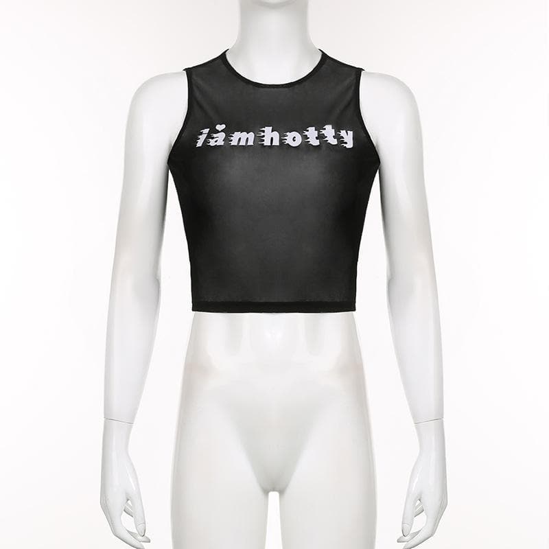 Sheer mesh see through "i am hotty" pattern contrast sleeveless crop top