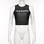 Sheer mesh see through "i am hotty" pattern contrast sleeveless crop top