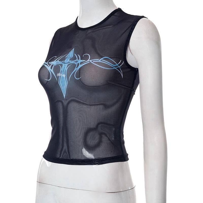 Sheer mesh see through abstract contrast sleeveless top