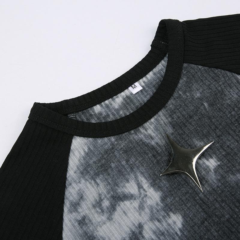 Patchwork short sleeve tie dye contrast star applique crop top