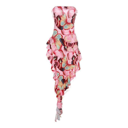 Rückenfreies Maxi-Tube-Kleid mit Schmetterlings-Print und kontrastierenden unregelmäßigen Rüschen 