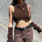 Knitted button turnover collar sleeveless gloves crop top - Final Sale