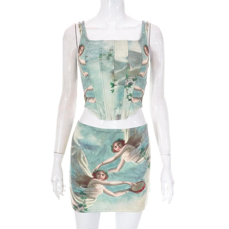 Square neck corset abstract print sleeveless backless mini skirt set